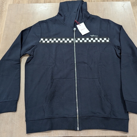 Mens BALLY Checker Stripe Zip Up Hoodie Navy